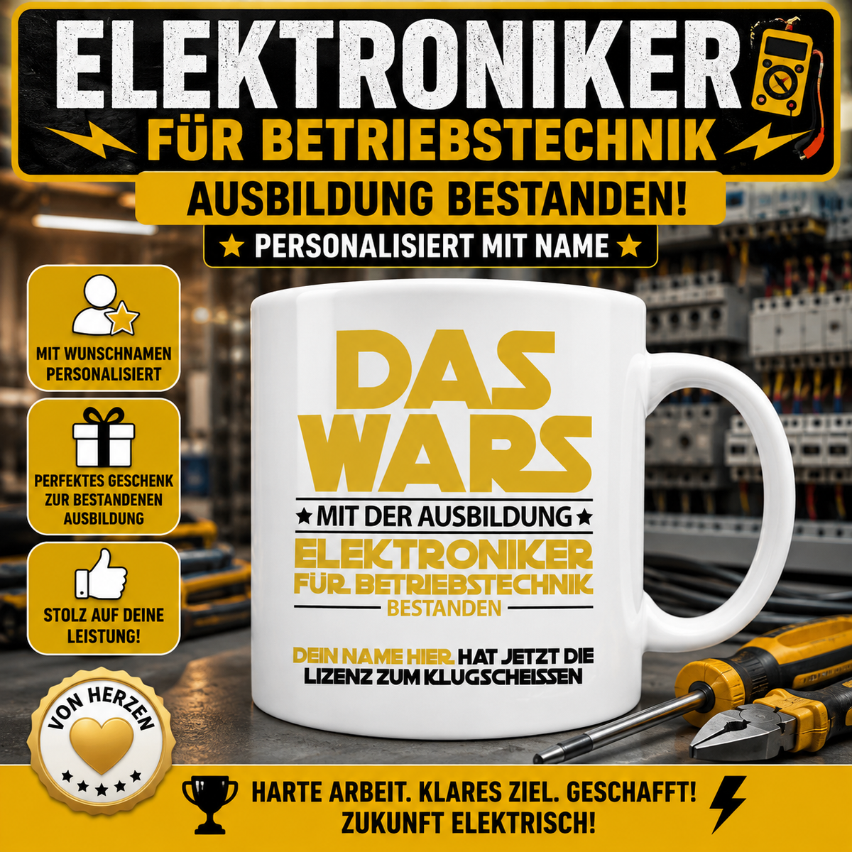 Personalisierte Tasse für Elektroniker für Betriebstechnik zur bestandenen Ausbildung. Lustiges Geschenk mit Wunschname zur bestandenen Abschlussprüfung oder Gesellenprüfung.
