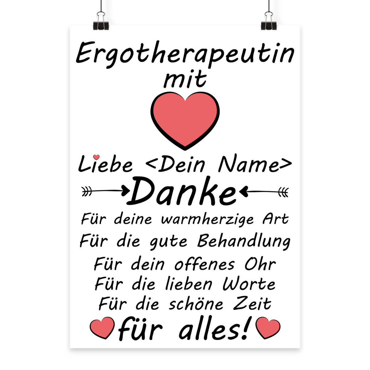 Personalisiertes Poster fuer Ergotherapeutin mit Herzmotiv und Wunschnamen, ideales Dankeschoen-Geschenk nach Therapie, Reha oder zum Abschied von der Praxis