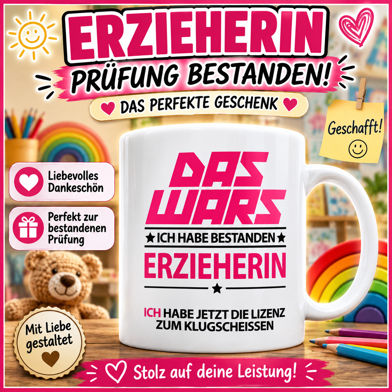 Lustige Tasse zur bestandenen ausbildung erzieherin . 