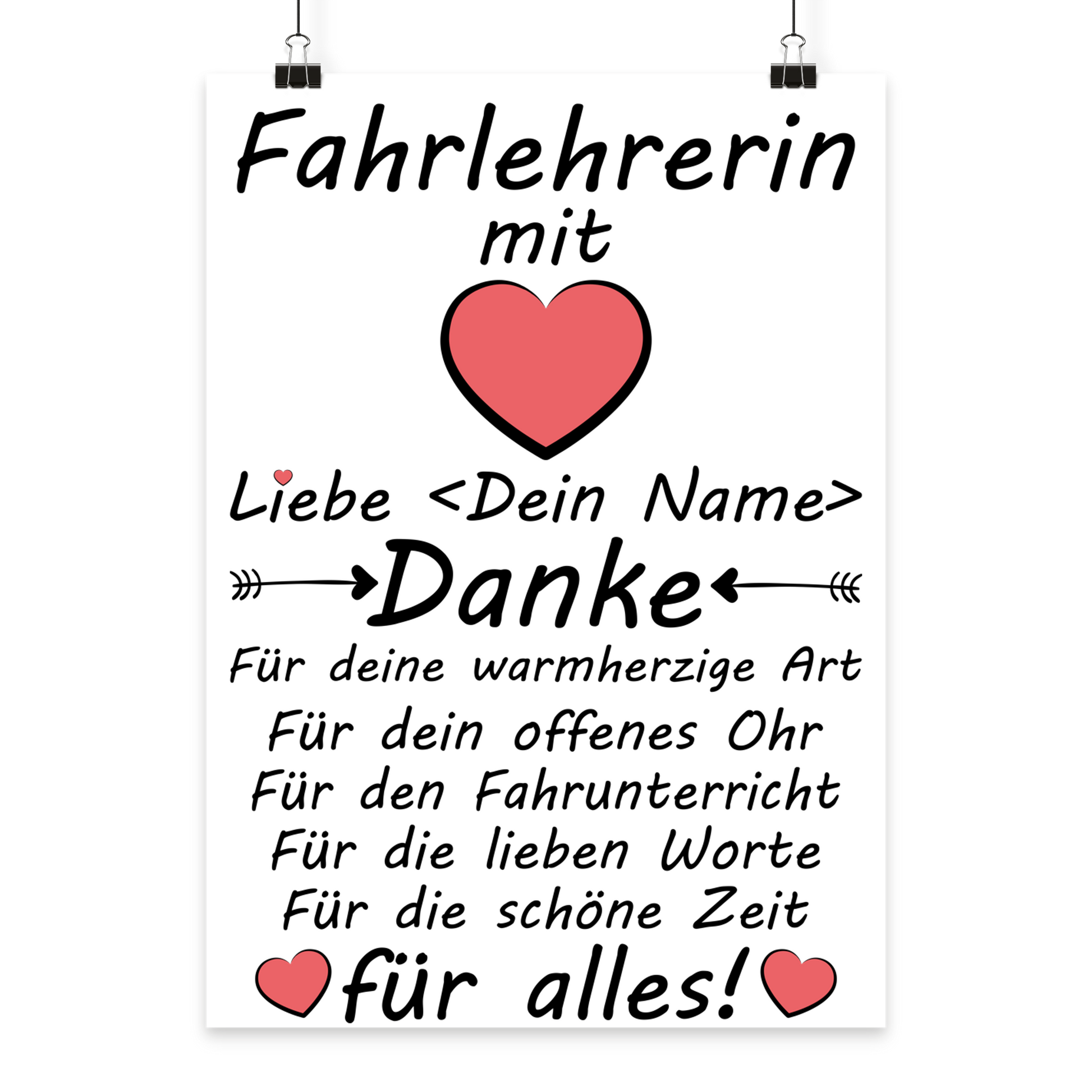 Personalisiertes Poster fuer Fahrlehrerin als Dankeschoen nach bestandener Pruefung mit Wunschname in Galeriequalitaet A3

