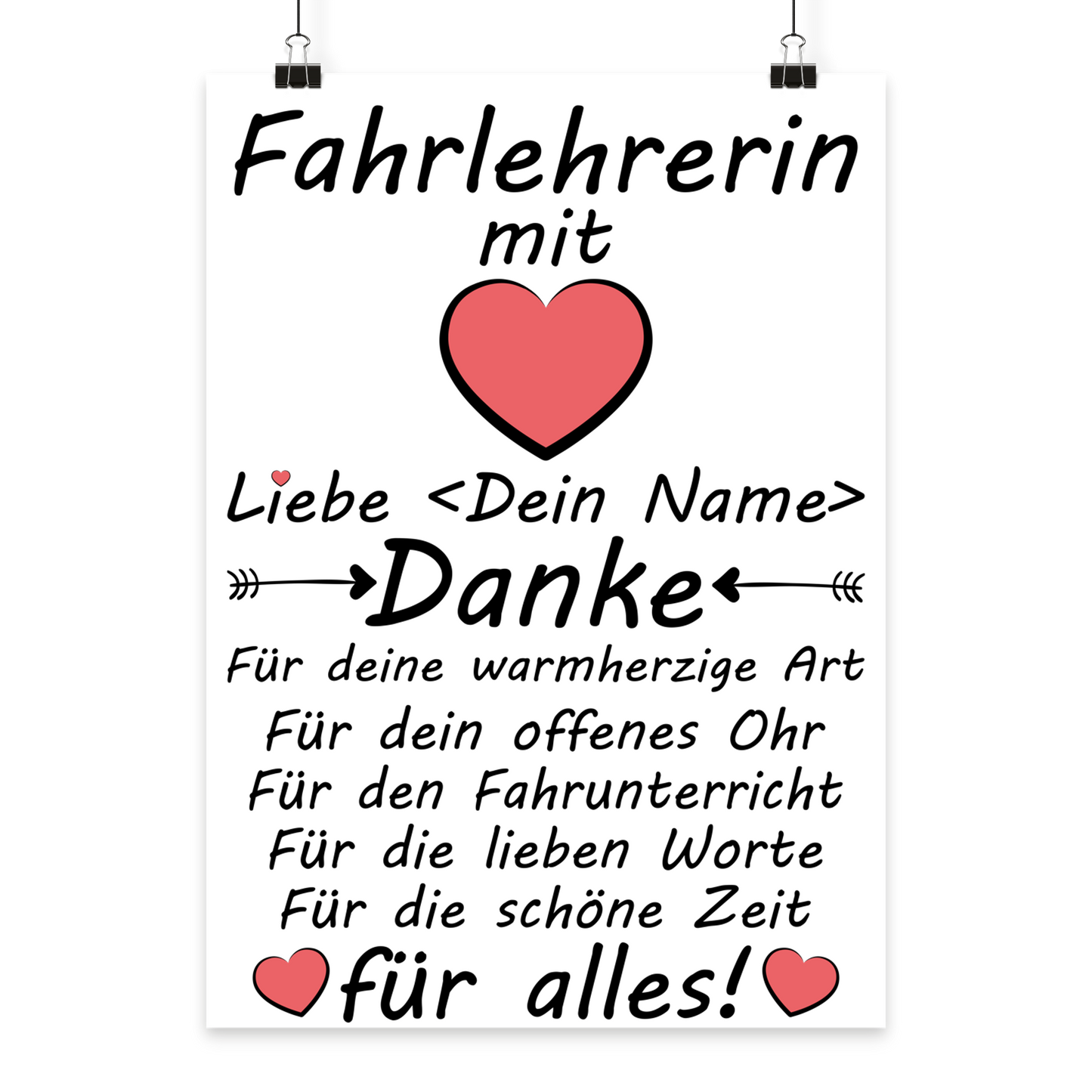 Poster fuer Fahrlehrerin mit Herz-Design als Dankeschoen nach bestandener Motorradpruefung, hochwertiger Fine-Art-Print A3