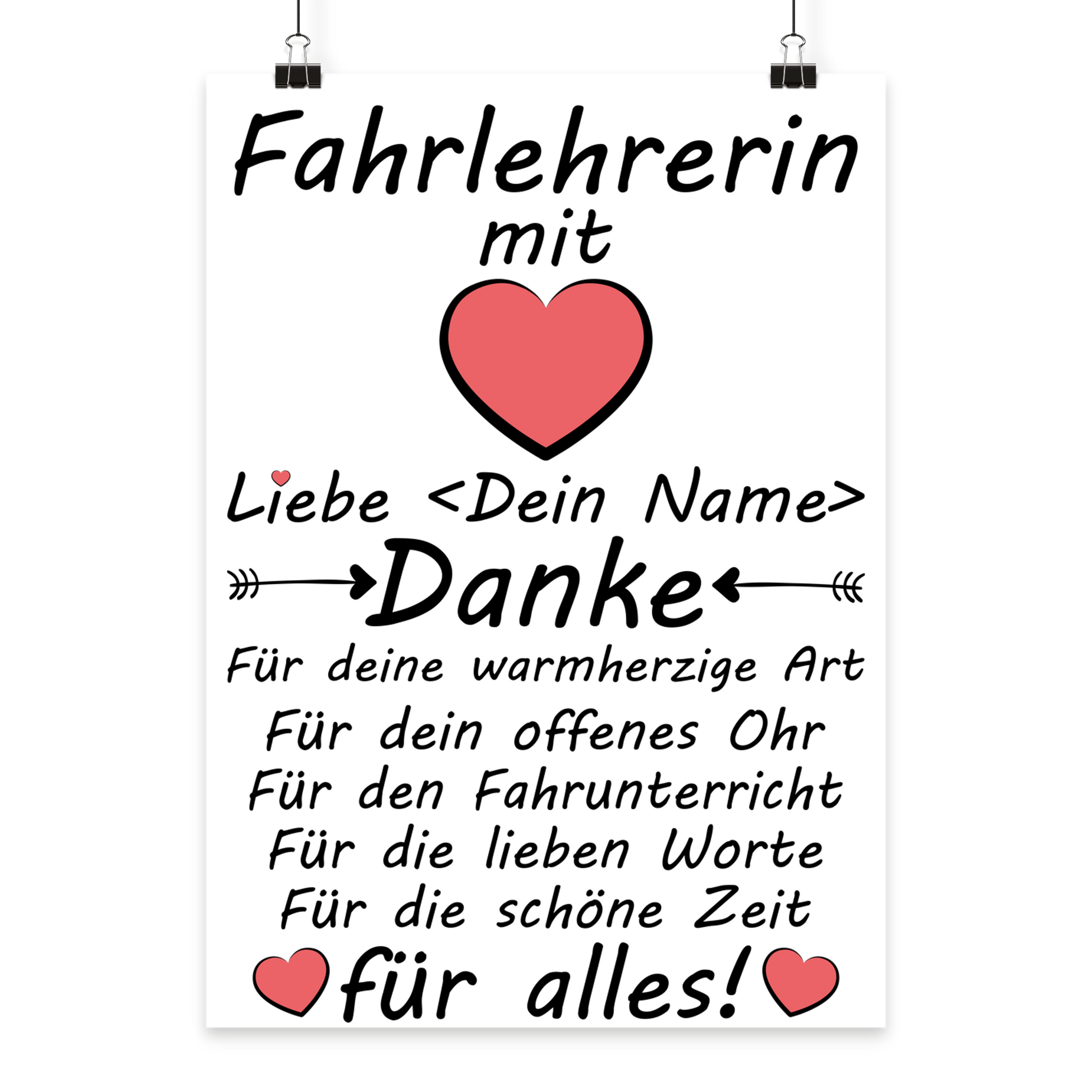 Poster fuer Fahrlehrerin mit Herz-Design als Dankeschoen nach bestandener Motorradpruefung, hochwertiger Fine-Art-Print A3