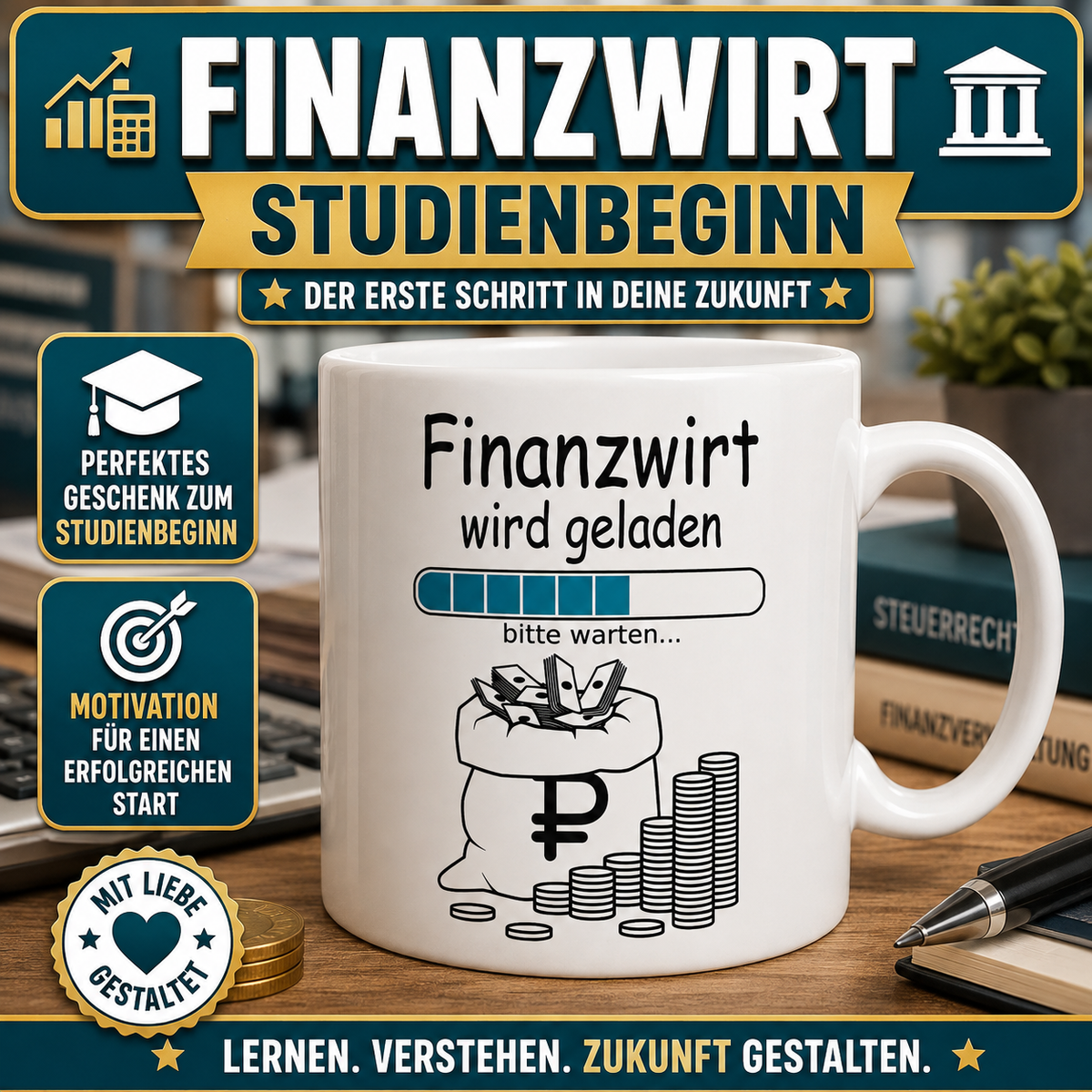 Lustige Tasse „Finanzwirt wird geladen – bitte warten“ als Geschenk zum Studien- oder Ausbildungsbeginn für angehende Finanzwirte.