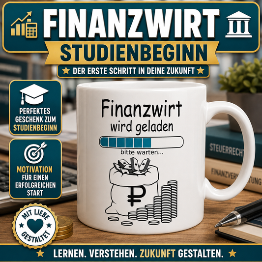 Lustige Tasse „Finanzwirt wird geladen – bitte warten“ als Geschenk zum Studien- oder Ausbildungsbeginn für angehende Finanzwirte.