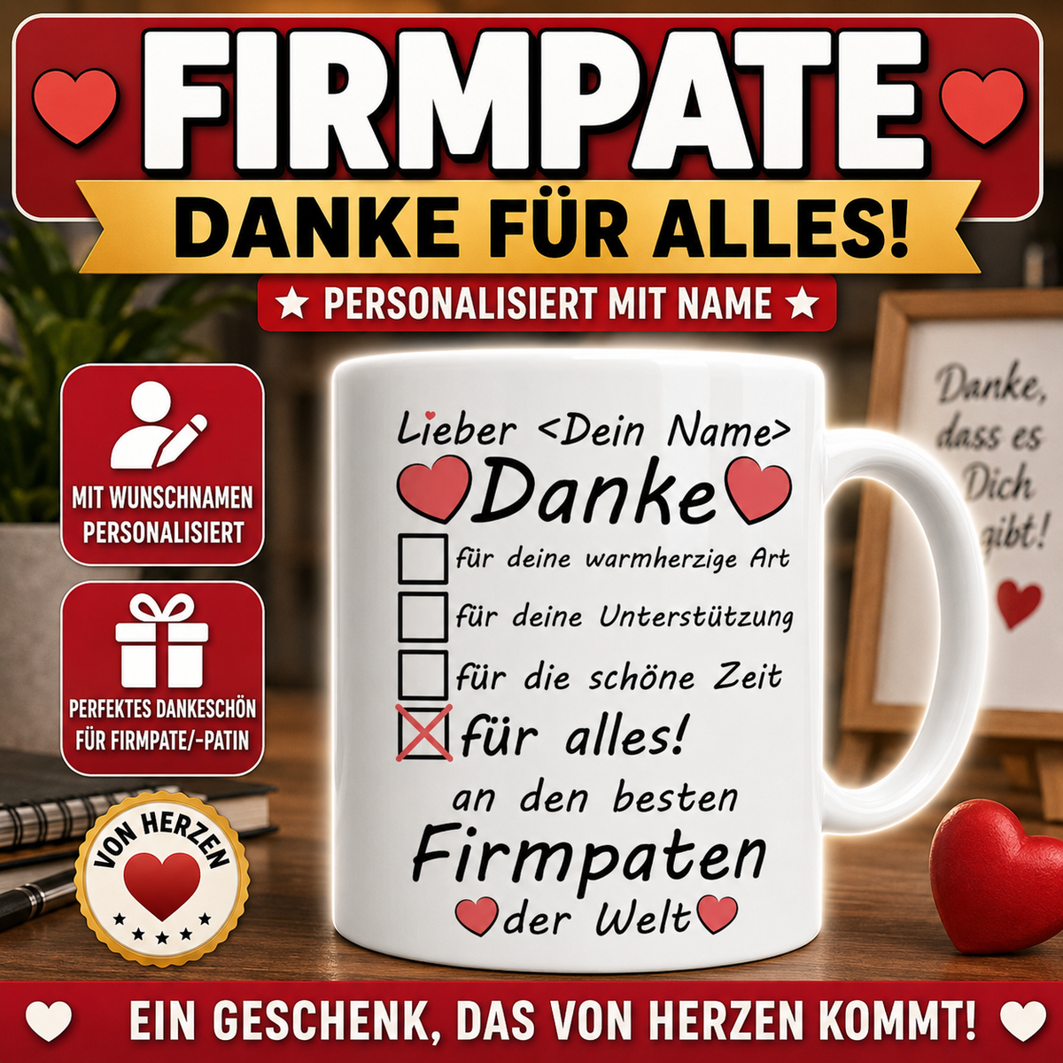 Personalisierte Tasse als Geschenk für den Firmpaten mit Wunschname. Liebevolles Dankeschön für Firmpate oder Firmpatin zur Firmung als persönliche Geschenkidee.