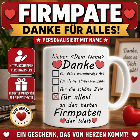 Personalisierte Tasse als Geschenk für den Firmpaten mit Wunschname. Liebevolles Dankeschön für Firmpate oder Firmpatin zur Firmung als persönliche Geschenkidee.