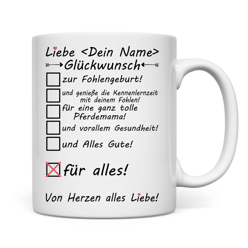 Fohlen Geburt | Geschenk für Freundin Glückwunsch Tasse rückseite