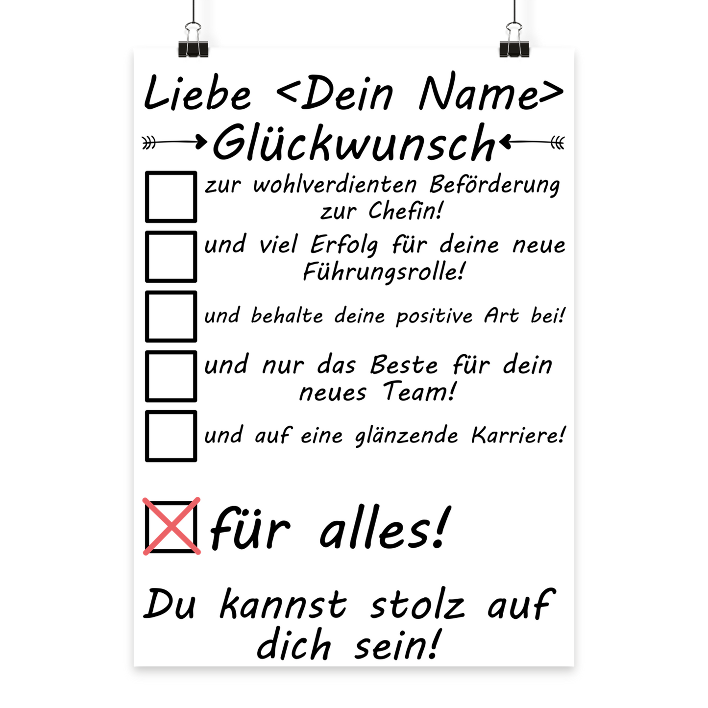Poster mit individuellem Namen als Geschenk zur Befoerderung zur Chefin, rahmbar und langlebig