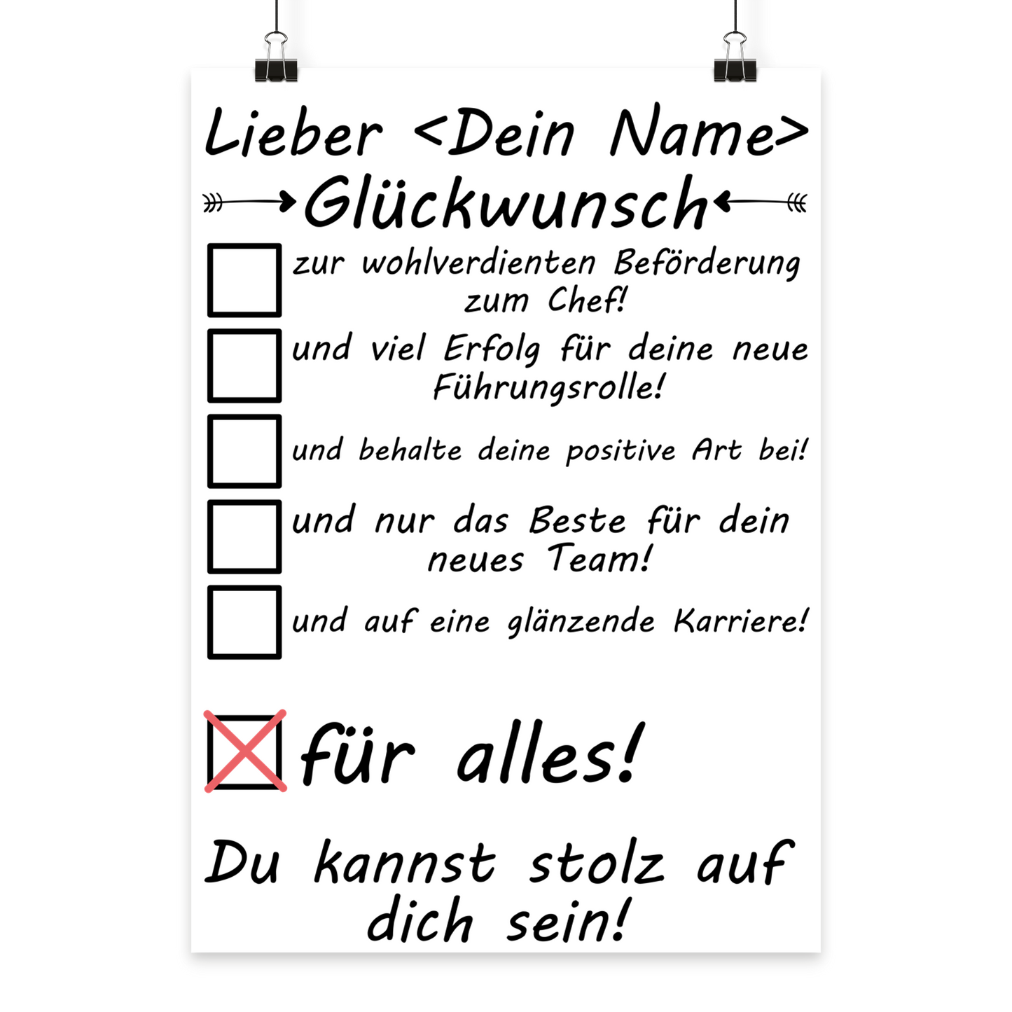 Geschenk zur Befoerderung zum Chef – personalisiertes Poster im Buero aufgehaengt
