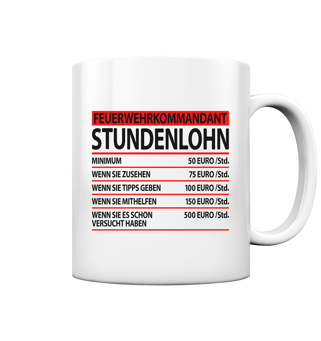 Geschenk für Feuerwehrkommandant Stundenlohn Tasse 