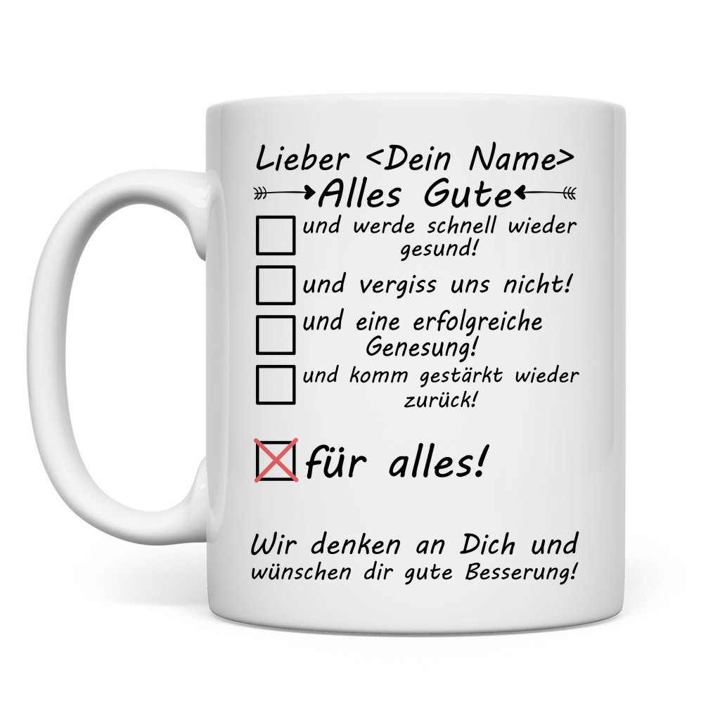 Gute Besserung wünsche für Lehrer personalisierte Tasse mit Namen rückseite
