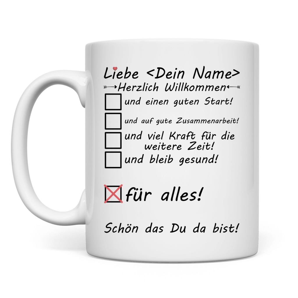 Willkommensgeschenk für eine neue Arbeitskollegin personalisierter Tasse mit wunschnamen rückseite