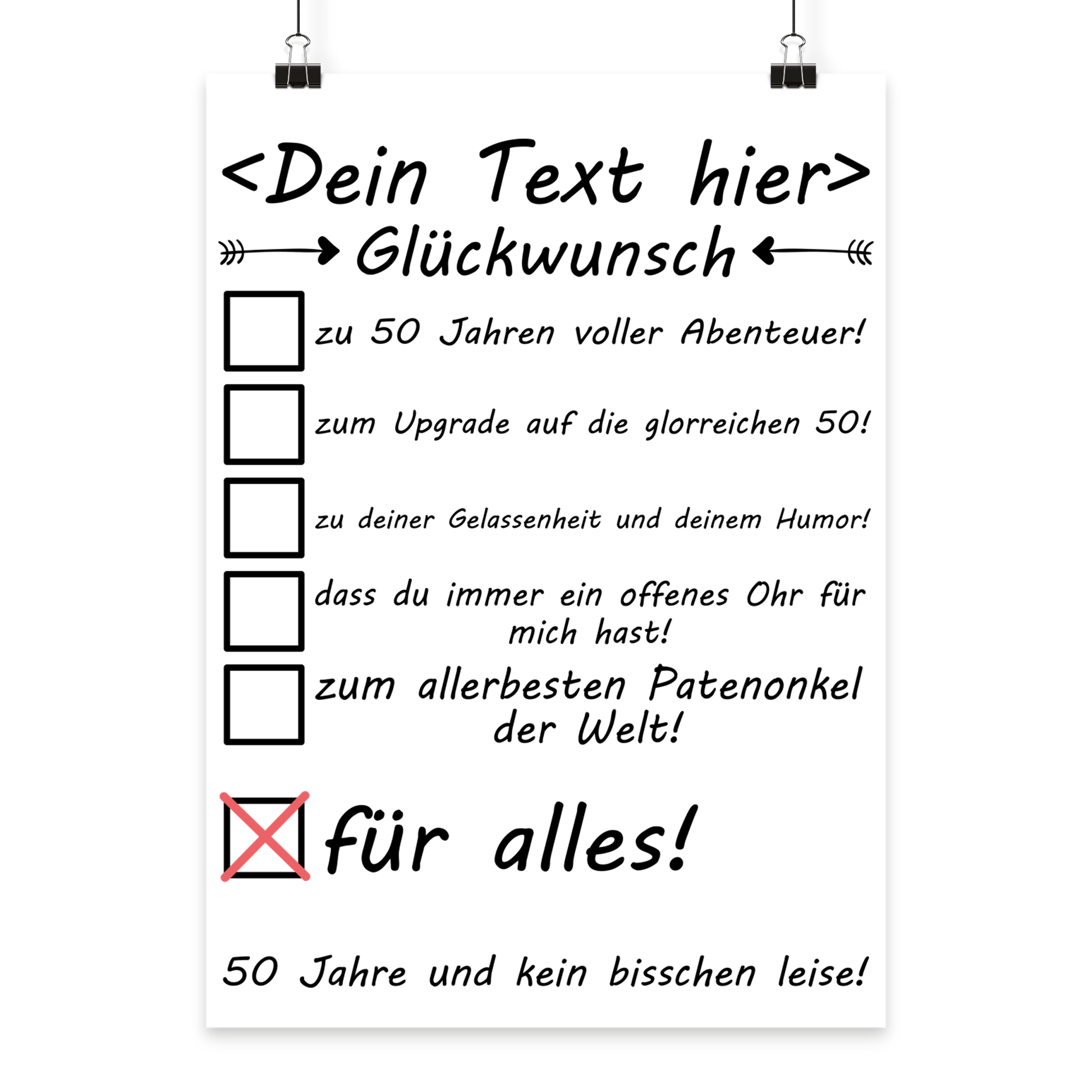 Geburtstagsposter Patenonkel 50 Jahre als personalisierte Wanddeko mit Checkboxen und Glueckwuenschen zum runden Geburtstag als Geschenk
