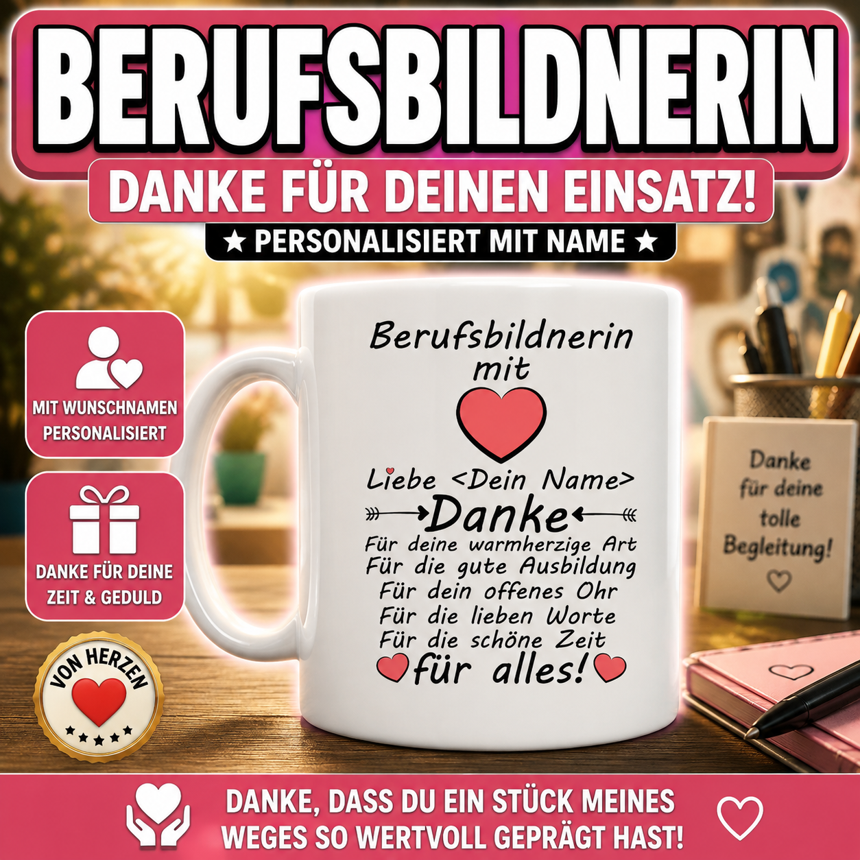 Geschenk für Berufsbildnerin – Personalisierte Tasse mit Wunschname als Dankeschön für die gute Ausbildung und Unterstützung.