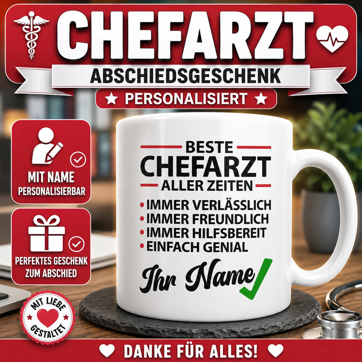 Geschenk für Chefarzt – personalisierte Tasse mit Name als besonderes Geschenk oder Abschiedsgeschenk für den besten Chefarzt aller Zeiten.