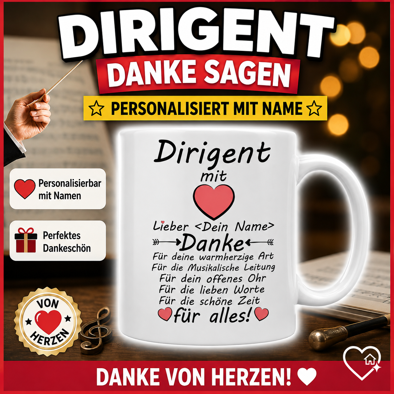 Personalisierte Tasse als Geschenk für einen Dirigenten und Chorleiter – liebevolles Dankeschön für musikalische Leitung, Engagement und gemeinsame Zeit.