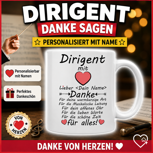 Personalisierte Tasse als Geschenk für einen Dirigenten und Chorleiter – liebevolles Dankeschön für musikalische Leitung, Engagement und gemeinsame Zeit.