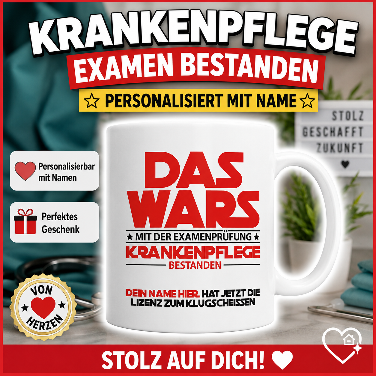 Tasse als Geschenk zum bestandenen Examen in der Pflege – lustige Krankenschwester- und Krankenpfleger-Tasse zur bestandenen Prüfung.