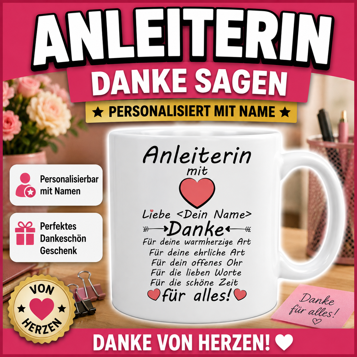 Geschenk für Anleiterin – personalisierte Tasse mit Namen und Danke-Spruch für eine Anleiterin im Kindergarten