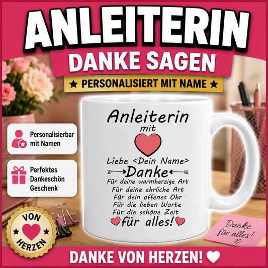 Geschenk für Anleiterin – personalisierte Tasse mit Namen und Danke-Spruch für eine Anleiterin im Kindergarten