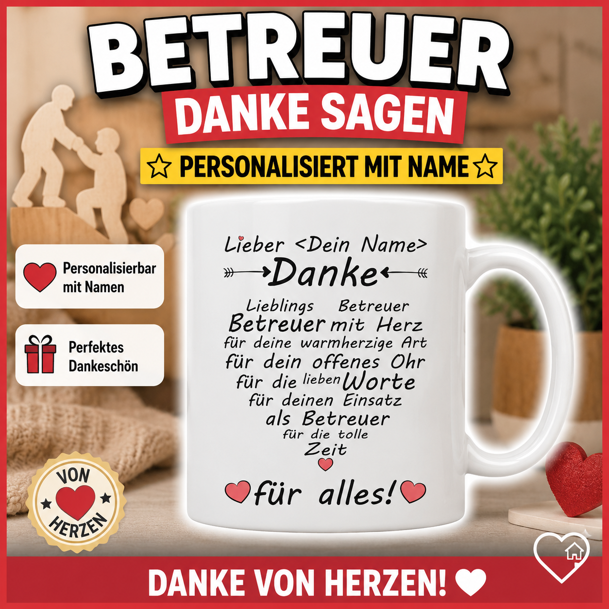 Personalisierte Tasse als Geschenk für einen Betreuer – liebevolles Dankeschön für gute Betreuung, Unterstützung und den gemeinsamen Weg.