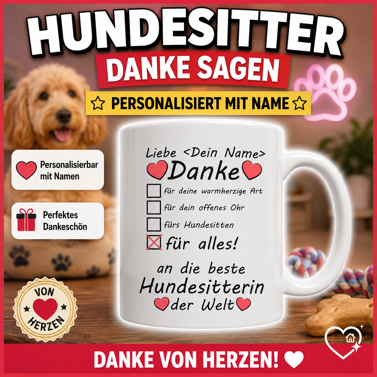 Personalisierte Tasse als Geschenk für eine Hundesitterin – liebevolles Dankeschön fürs Hundesitten und für die zuverlässige Betreuung des Hundes.