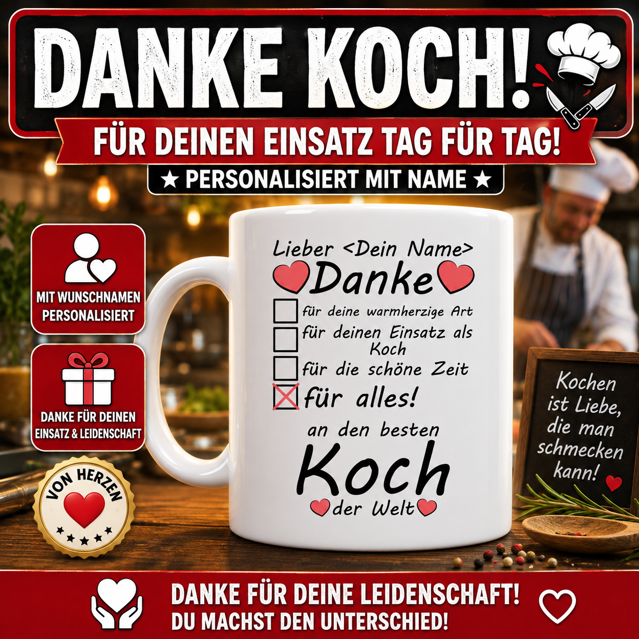 Geschenk für Koch – Personalisierte Tasse mit Wunschname als Dankeschön für den Einsatz als Koch. Persönliches Geschenk zum Abschied oder als Wertschätzung.