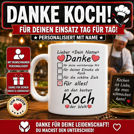 Geschenk für Koch – Personalisierte Tasse mit Wunschname als Dankeschön für den Einsatz als Koch. Persönliches Geschenk zum Abschied oder als Wertschätzung.