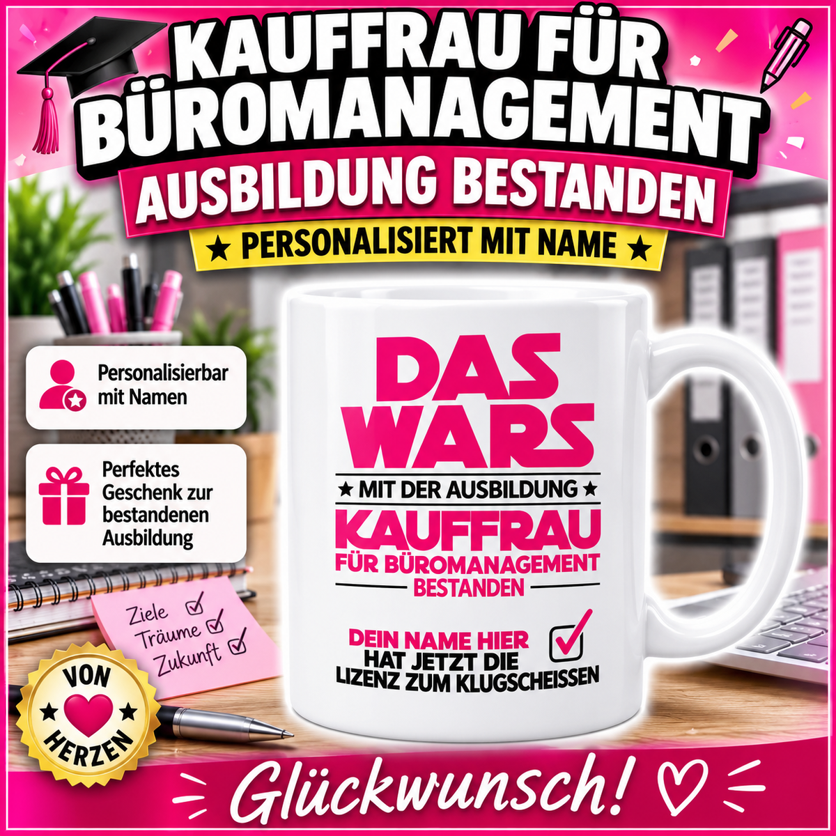 Geschenk für Kauffrau für Büromanagement zur bestandenen Prüfung – personalisierte Tasse zum erfolgreichen Ausbildungsabschluss
