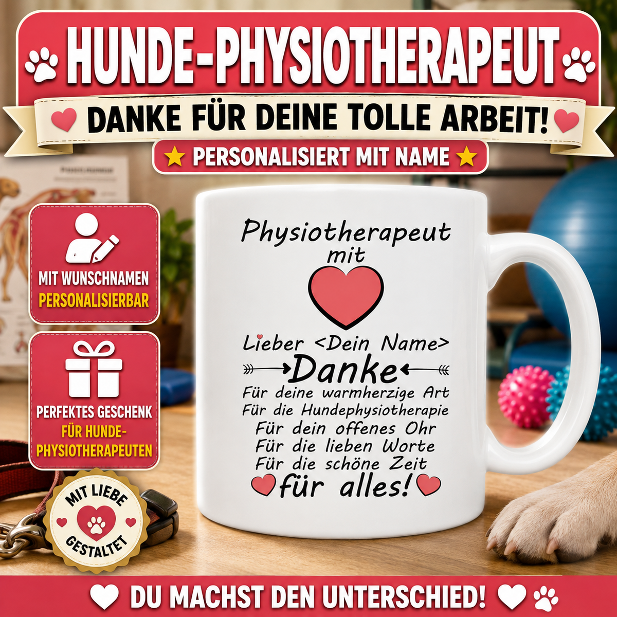 Personalisierte Danke-Tasse für Hunde-Physiotherapeut oder Physiotherapeutin mit Wunschname als persönliches Geschenk zum Dank.