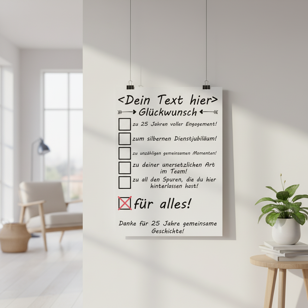 Geschenk Poster zum silbernen Dienstjubilaeum 25 Jahre mit personalisierbaren Checkboxen und Text