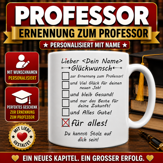 Personalisierte Tasse zur Ernennung zum Professor mit Wunschname. Originelles Geschenk und Glückwunsch zur Professur für Frauen und Männer.