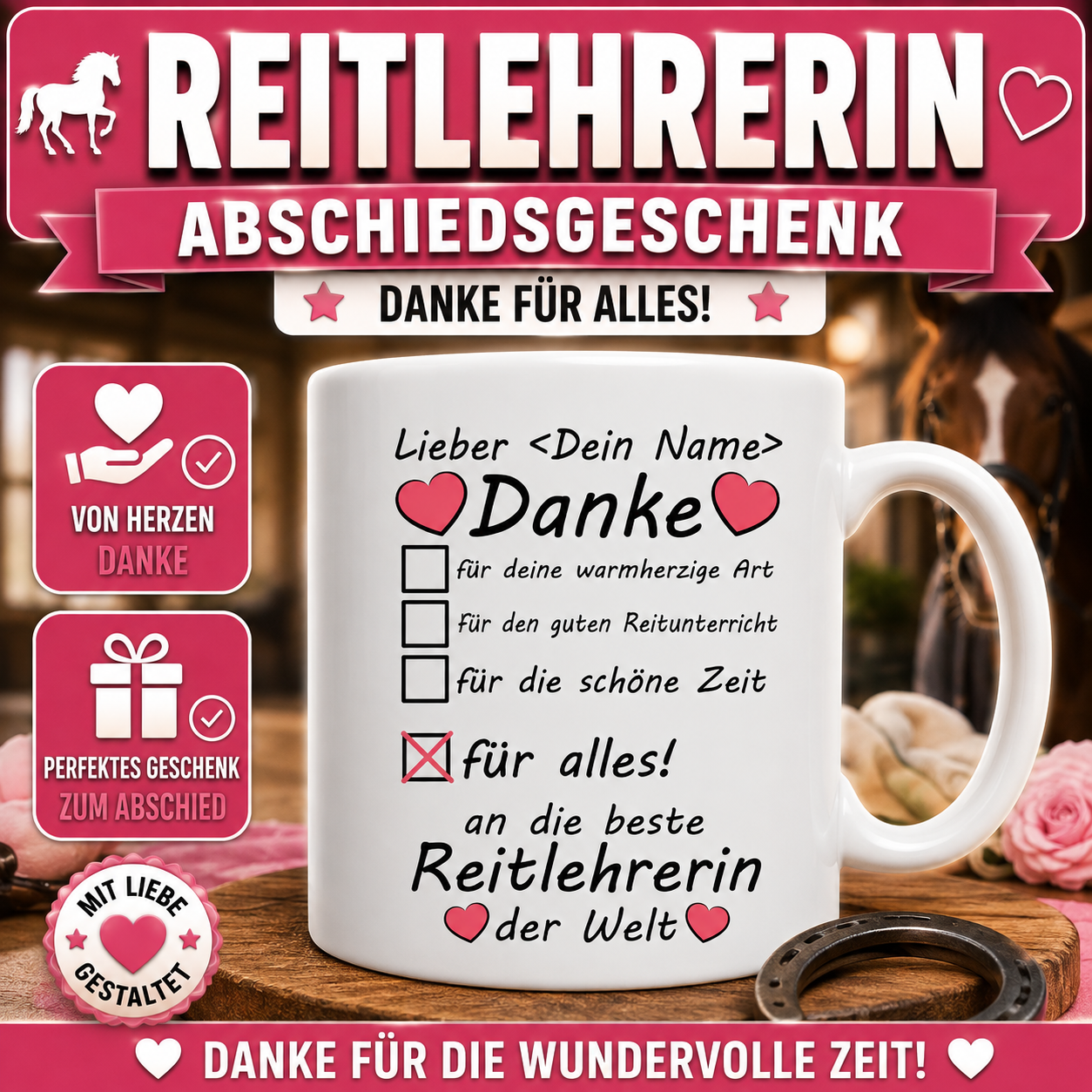 Geschenk für Reitlehrerin – personalisierte Danke-Tasse „Beste Reitlehrerin der Welt“ als Geschenk für Reitunterricht, Abschied oder zum Dank.