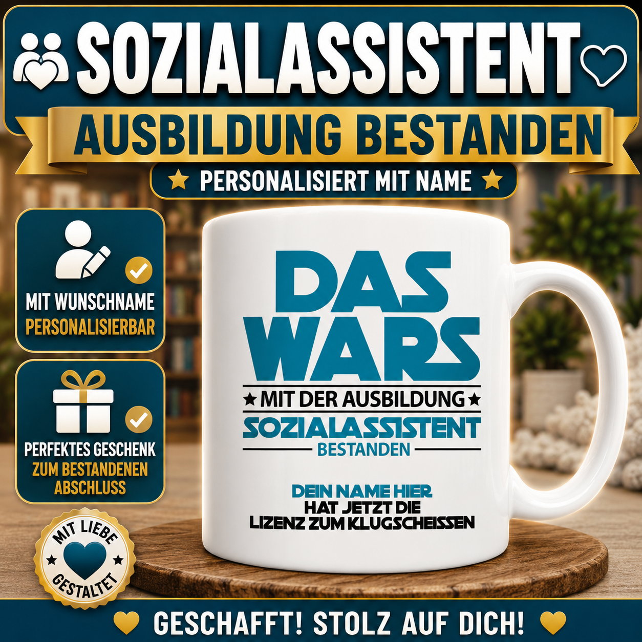 Geschenk für Sozialassistent – personalisierte Tasse „Ausbildung Sozialassistent bestanden“ als lustiges Geschenk zur bestandenen Ausbildung oder Abschlussprüfung.