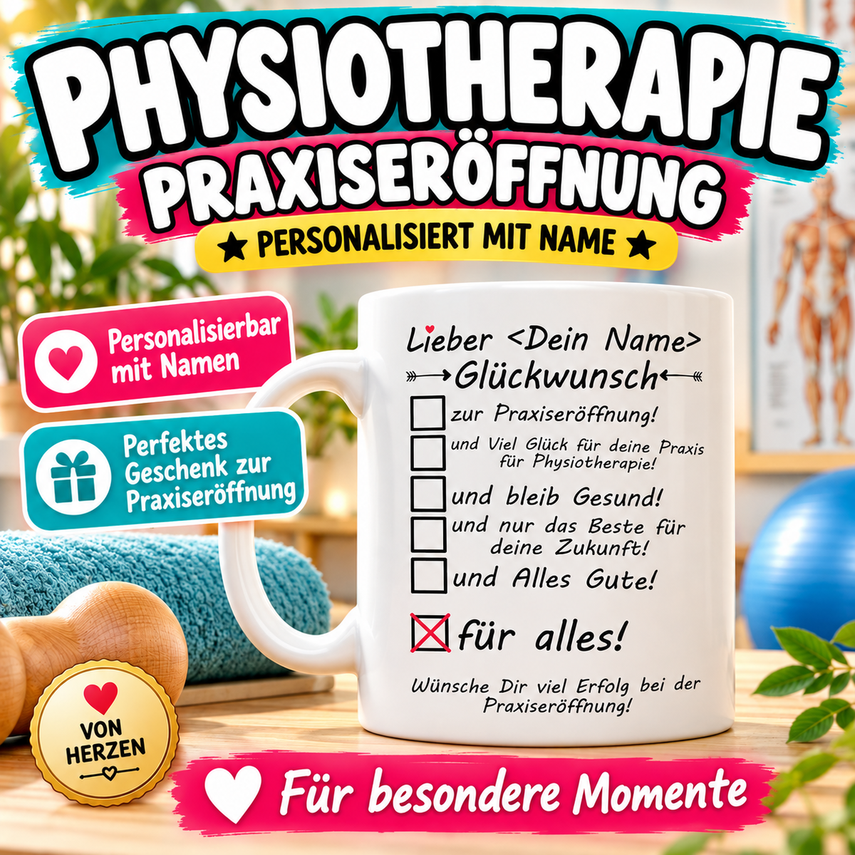 Geschenke zur Praxiseröffnung Physiotherapie – hochwertige personalisierte Tasse als besondere Aufmerksamkeit für eine neue Physiotherapiepraxis.