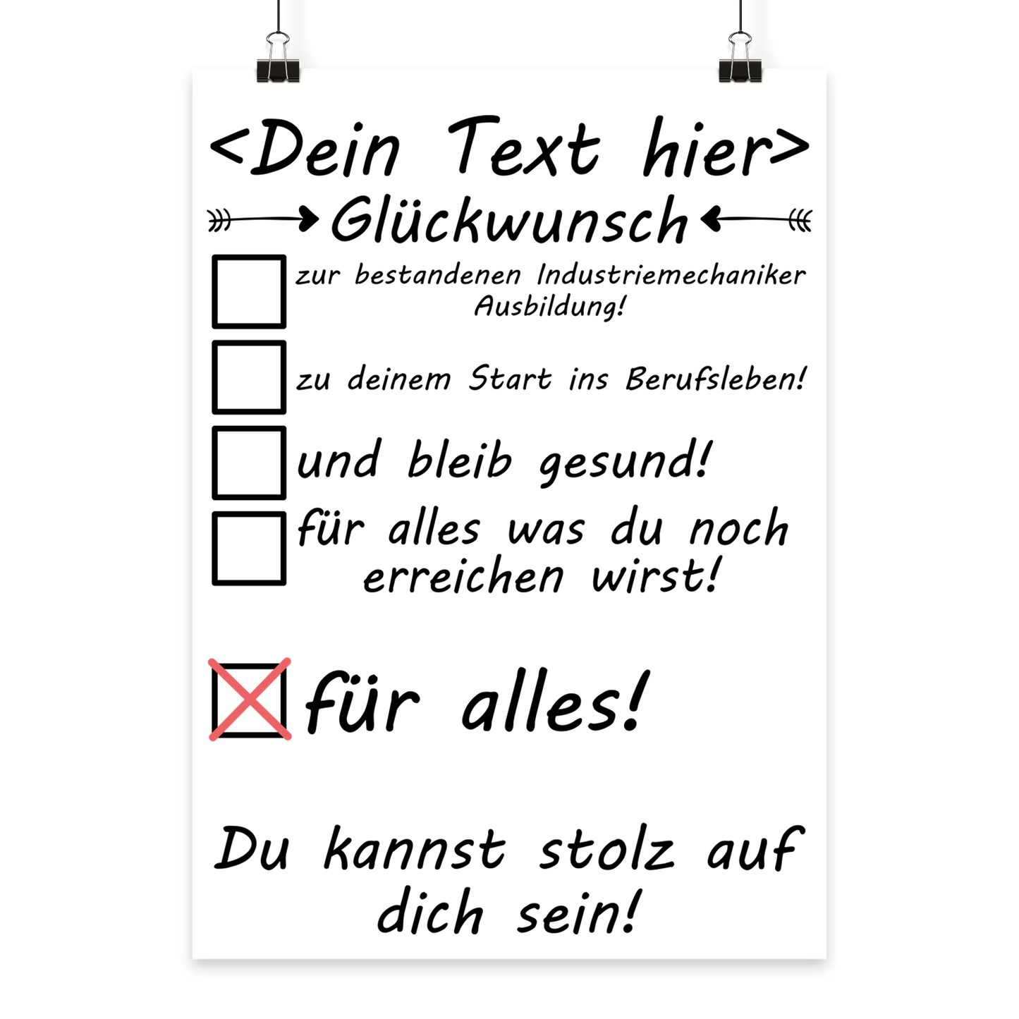 Modernes Typografie-Poster für Industriemechaniker zum Ausbildungsabschluss, schwarz-weiß Design, Format DIN A3 hochkan