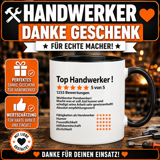 Dankeschön-Tasse für Handwerker mit 5-Sterne-Bewertung – originelles Geschenk als Dankeschön für gute Arbeit und handwerklichen Einsatz.