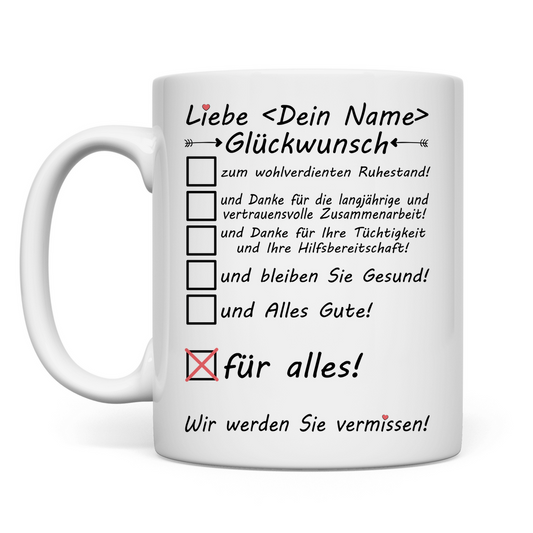 Glückwünsche zum Abschied | Kollegin | Rente | Tasse Geschenk