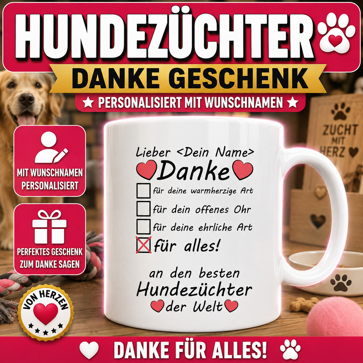 Personalisierte Danke-Tasse für Hundezüchter mit Wunschname. Persönliches Dankeschön und Geschenk für Hundezüchter als Erinnerung an die gute Betreuung.