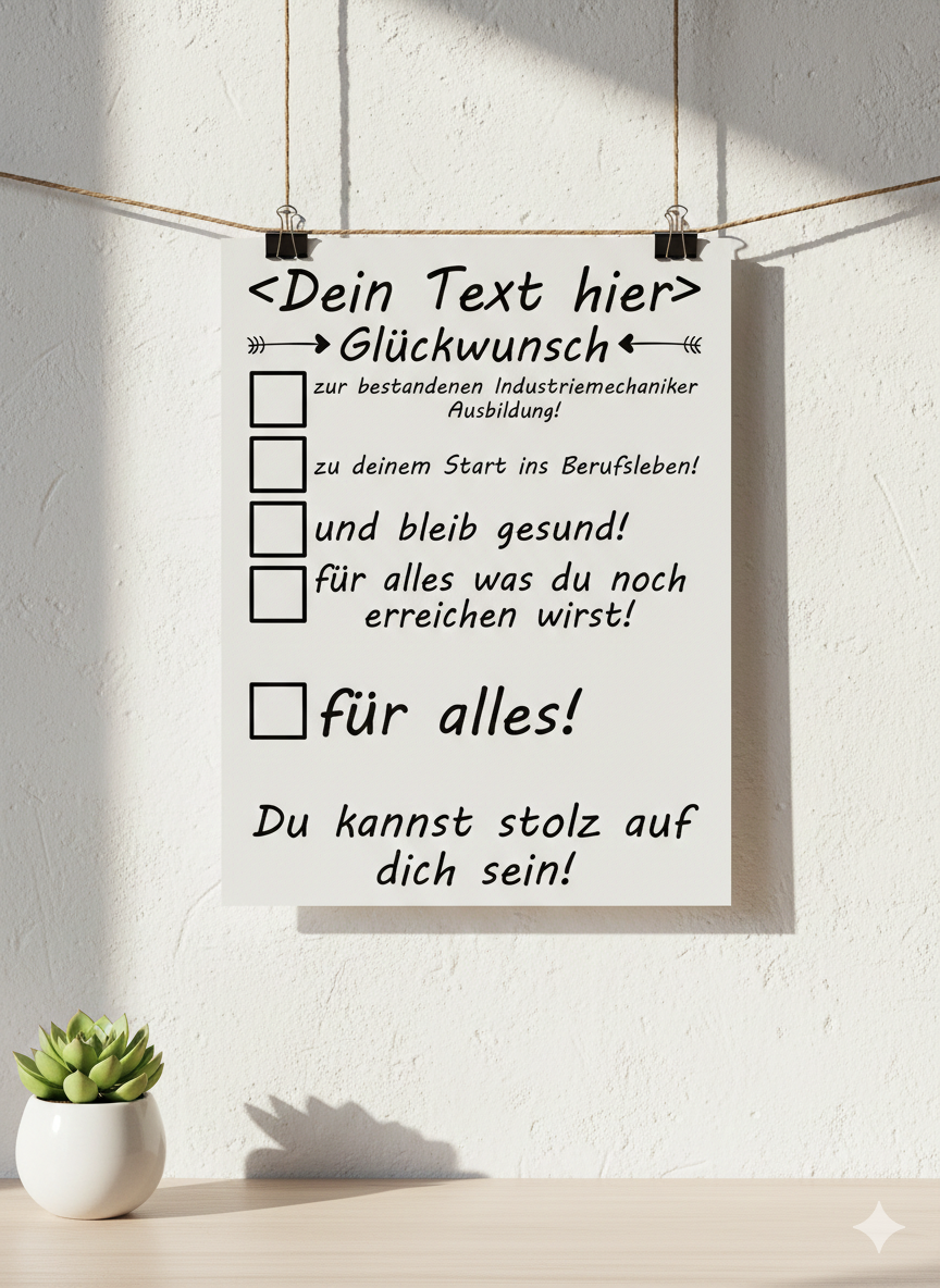 Personalisierbares DIN A3 Poster zur bestandenen Gesellenprüfung als Industriemechaniker mit Zahnrad-Design und Glückwunschtext