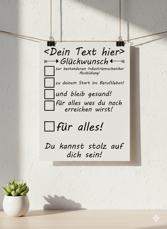 Personalisierbares DIN A3 Poster zur bestandenen Gesellenprüfung als Industriemechaniker mit Zahnrad-Design und Glückwunschtext