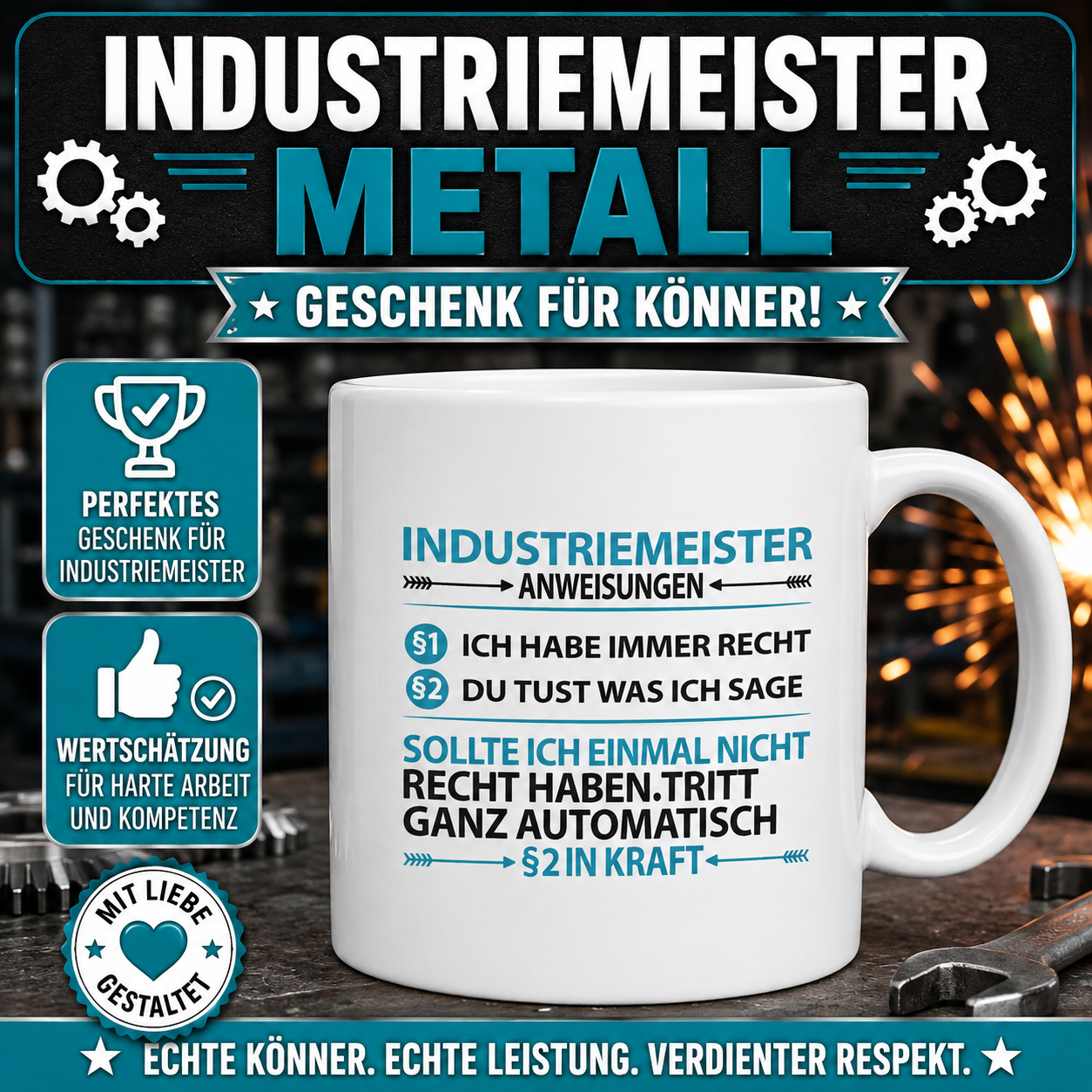Witzige Tasse für Industriemeister Metall mit lustigem Spruch – originelles Geschenk für Industriemeister und zur bestandenen Meisterprüfung.