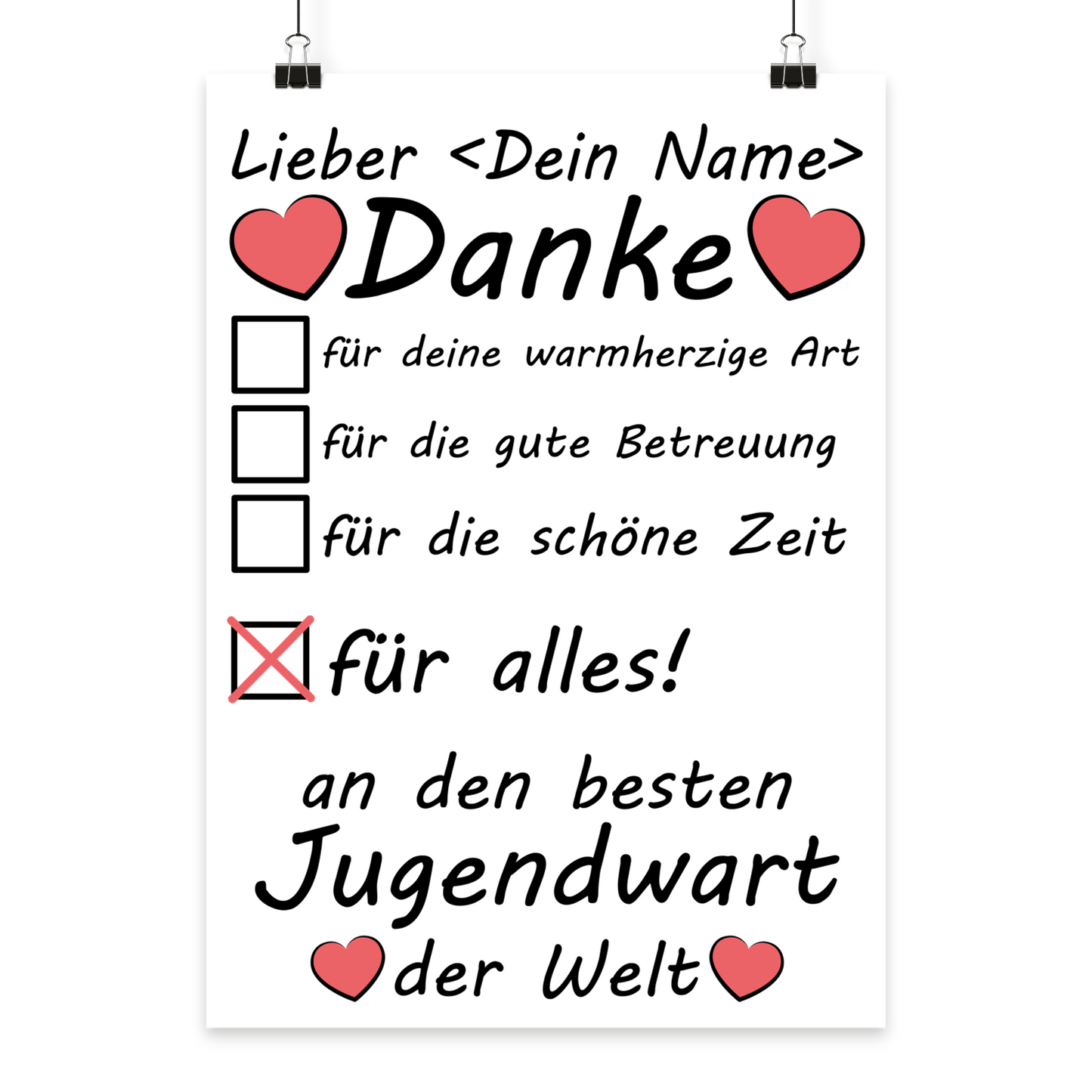 Personalisiertes Poster fuer Jugendwart der Feuerwehr mit Herzmotiv und Namen, ideales Abschiedsgeschenk fuer Jugendfeuerwehr-Betreuer und Dankeschoen nach jahrelangem Einsatz