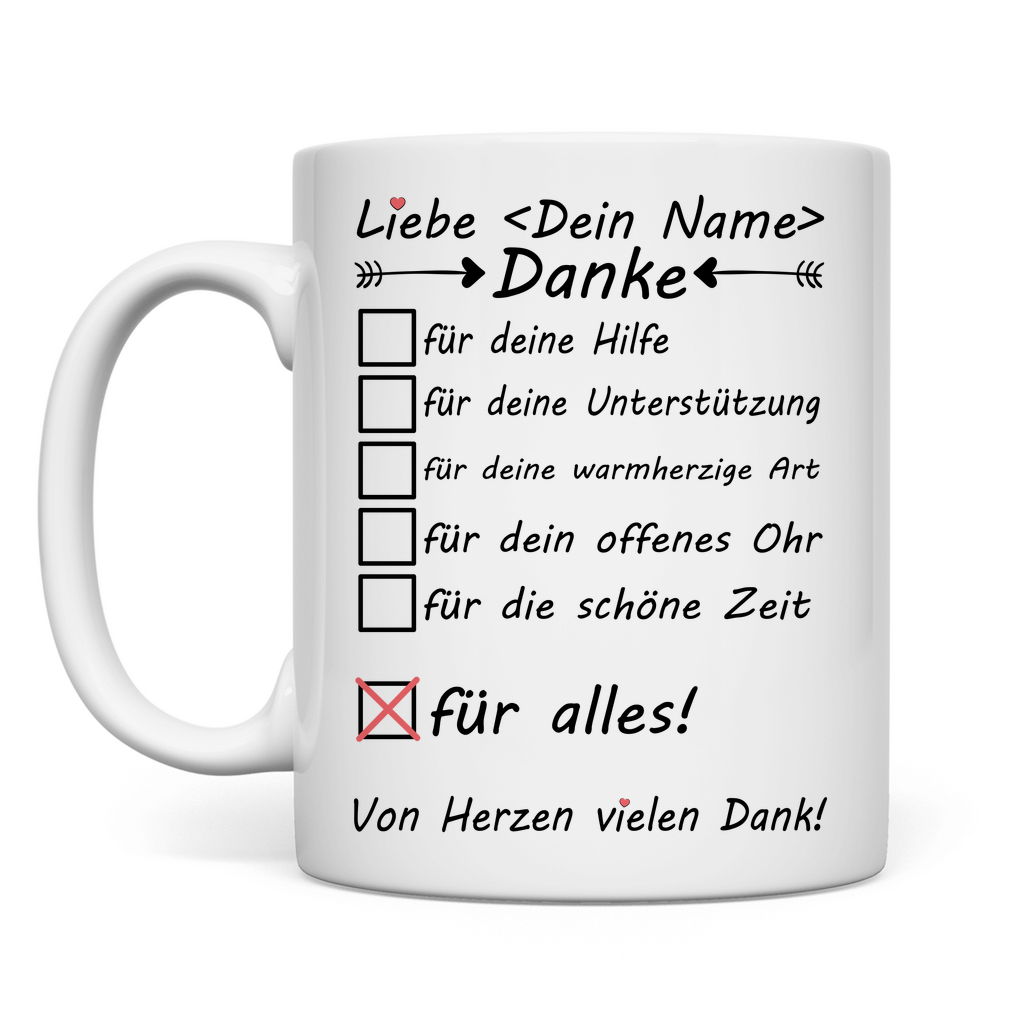 Danke sagen für Hilfe – Personalisierte Tasse für Nachbarn