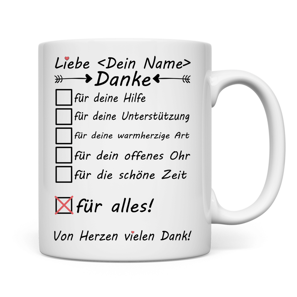 Danke sagen für Hilfe – Personalisierte Tasse für Nachbarn