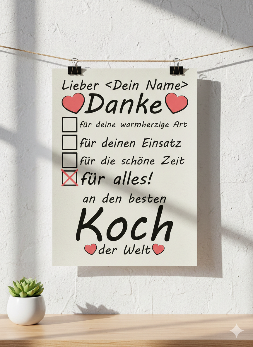 Poster fuer Koch zum Abschied, A3 Format hochkant, Danke Geschenk fuer Kueche und Gastronomie