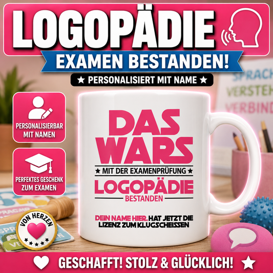 Geschenk zum bestandenen Logopädie-Examen. Personalisierte Tasse mit Wunschname als originelles Examensgeschenk für Logopädinnen und Logopäden.
