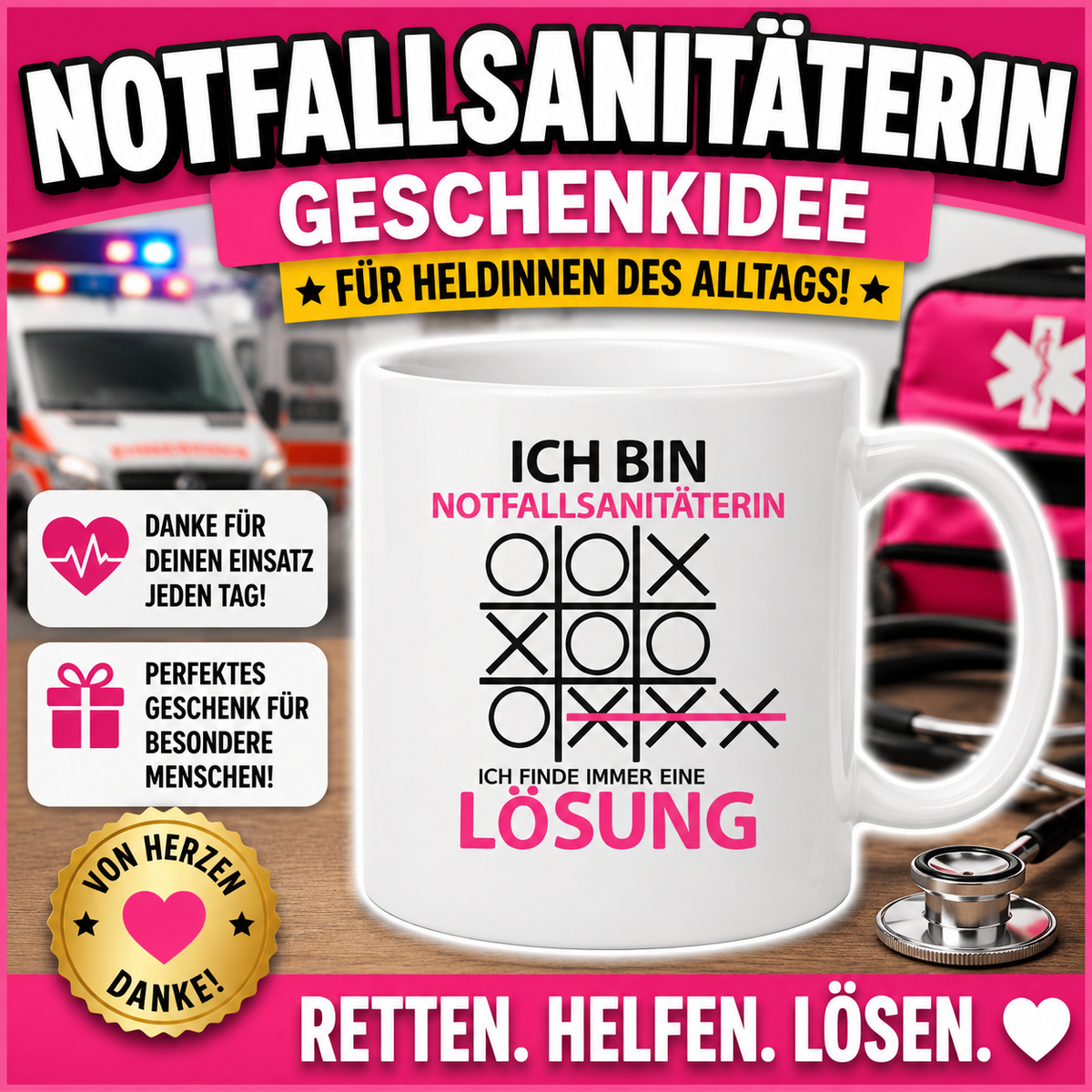 Lustige Tasse für eine Notfallsanitäterin mit dem Spruch „Ich bin Notfallsanitäterin, ich finde immer eine Lösung“ – originelle Geschenkidee für den Berufsalltag.
