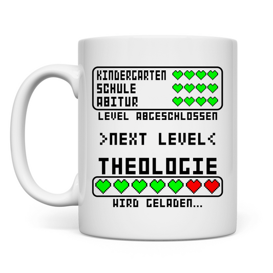 Lustige Tasse mit Spruch "Theologie Studium Beginn", ideal als Geschenk für Erstsemester-Studenten oder zum Studienstart.