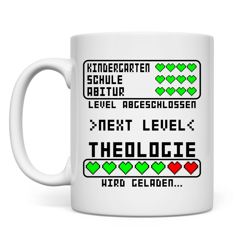Lustige Tasse mit Spruch "Theologie Studium Beginn", ideal als Geschenk für Erstsemester-Studenten oder zum Studienstart.